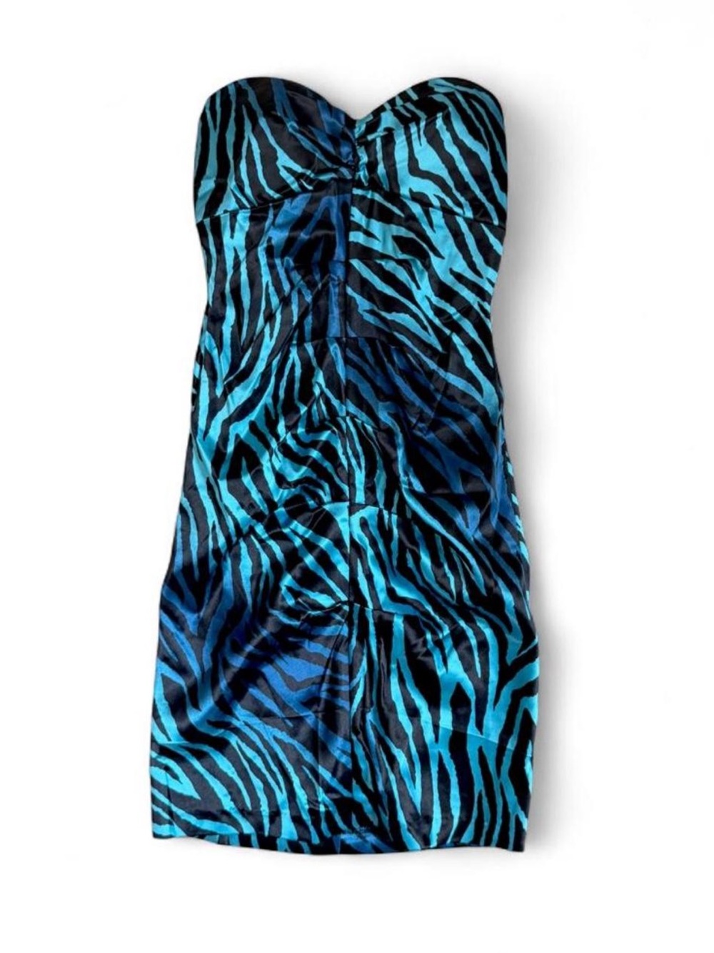 JUMP Apparel Strapless Ruched Bodycon Dress Blue Black Zebra Animal Print 3/4